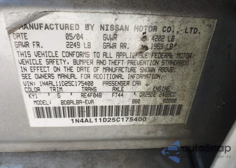 2005 Nissan Altima 2.5 S z USA, uszkodzony, nr VIN 1N4AL11D25C175400